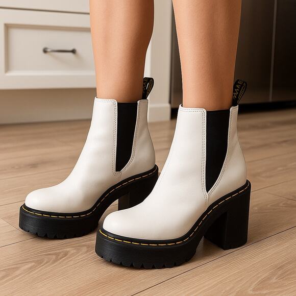 Dr. Martens White Leather Chelsea Ankle Boots Chunky Heel Platform 7 - Picture 1 of 10